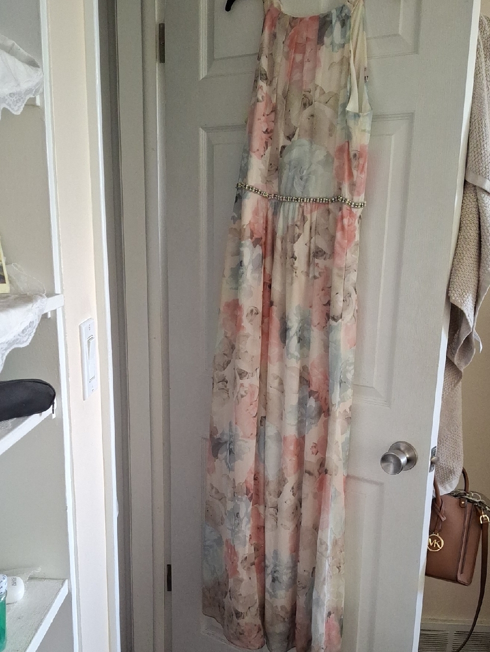 SLNY Floral Chiffon Maxi Dress in Blush, Cream and Light Blue